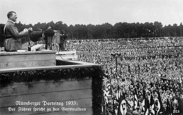 Adolf Hitler speaks at the Zeppelinfeld in Nuremberg